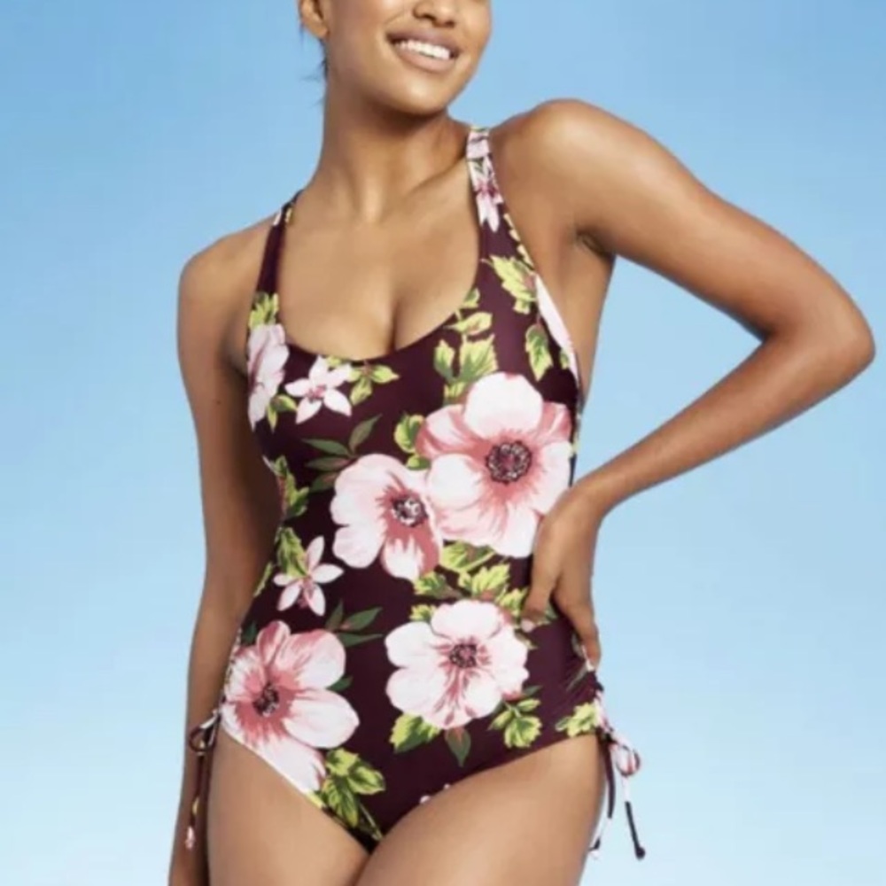 Kona Sol NWT Side Cinch One Piece Swimsuit Burgundy Multi Floral Size Medium